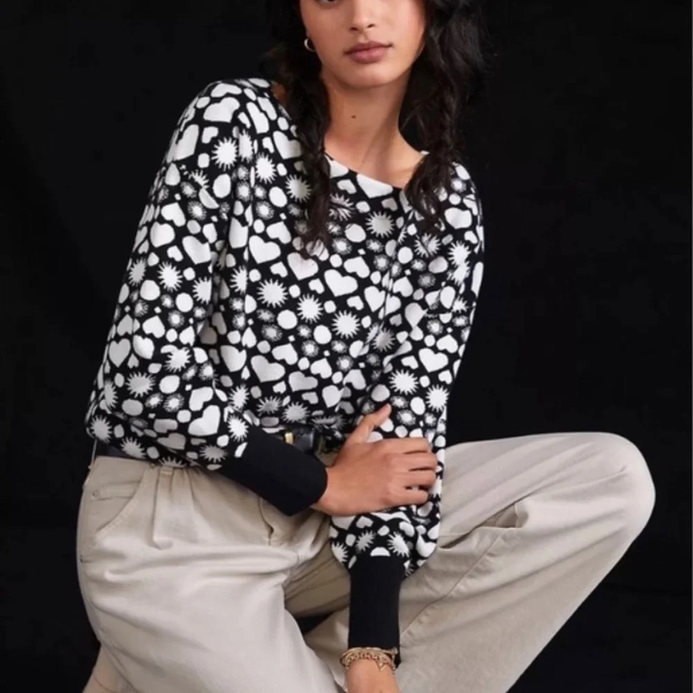 Anthropologie Maeve Black & White Hearts Boatneck Sweater NWOT